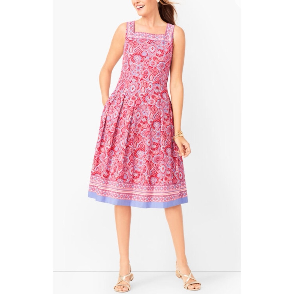 Talbots Pink Printed Midi Dress with Lavender Border